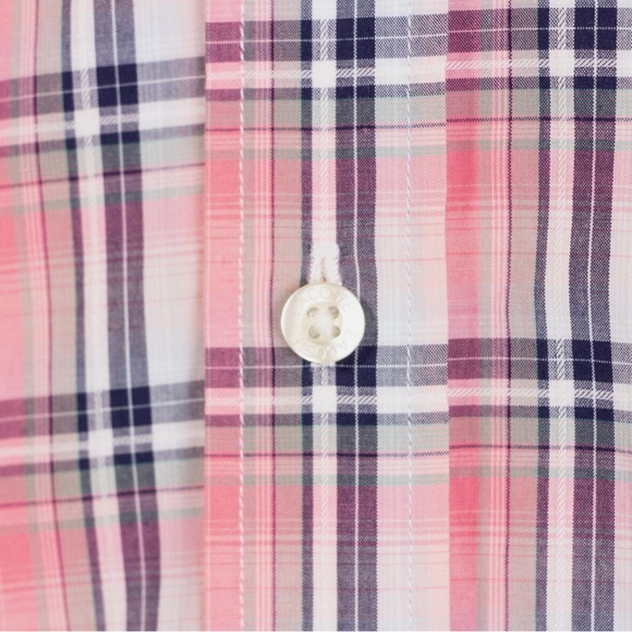 Lacoste Pink/Navy/White Plaid Modern Fit Cotton Button Down Shirt (M/40) - Picture 7 of 14